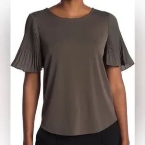 Adrianna Papell Pleated Sleeve Woven Knit Top - Fatigue Gray Green, Size 2X, New